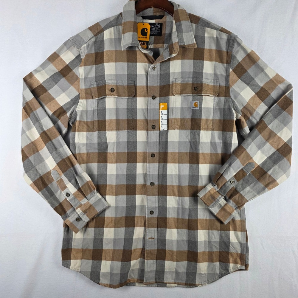 Carhartt Mens L Tall Plaid Flannel Shirt Loose Fit Brown Grey Button Down NWT